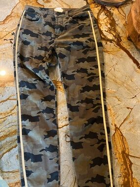 L'AGENCE Olive Green Camo Pants with Gold Stitching